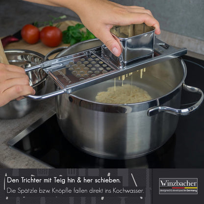 Winzbacher stainless steel spaetzle maker + ladle [pot Ø of 16-30cm] dishwasher safe | rustproof | spaetzle grater, spaetzle sieve, spaetzle press | for spaetzle & dumplings.