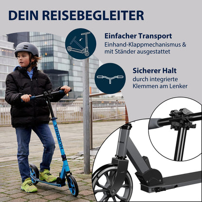 HUDORA Scooter Up 200 - Quiet aluminum scooter for up to 100kg - Height-adjustable & foldable kick scooter - Smooth ride for kids / teenagers & adults