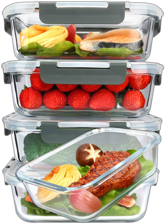 MCIRCO Glass Food Storage Containers 1040ml | Set of 5 Click-It Containers with Lids | Silicone Seal Ring | Glass Containers with Lids | Meal Prep Glass