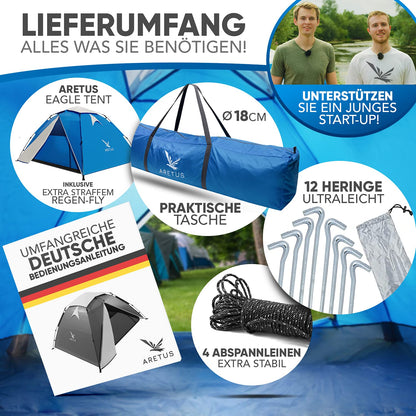 Aretus - Pop up tent for 2-4 people SET UP AND TAKE DOWN IN 45 seconds - Extra Large & Waterproof - Automatic pop up tent for 3 people, tent for 3 men