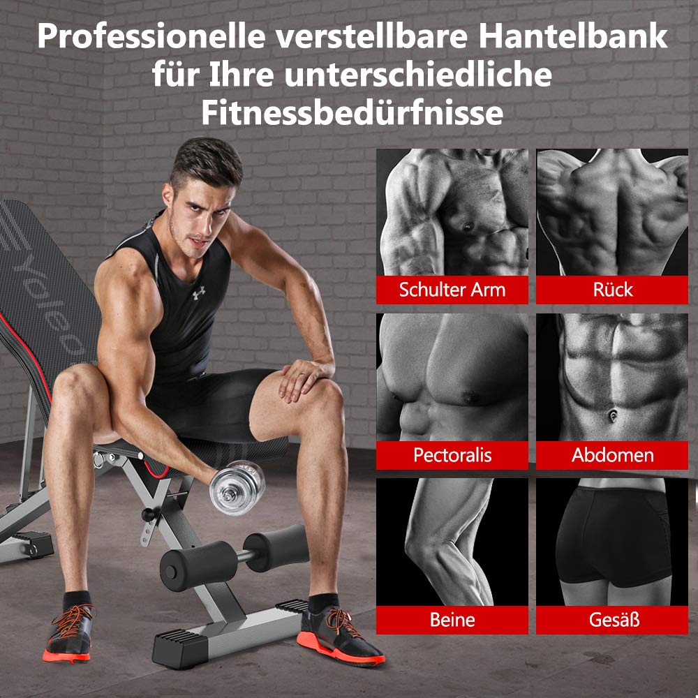 YOLEO folding weight bench Multifunction Training Fitness Bench Abdominal Trainer Incline Bench with 6-position Adjustable Backrest/3-position Adjustable Seat Cushion, Load Capacity 300kg (Elegant Black-Red)