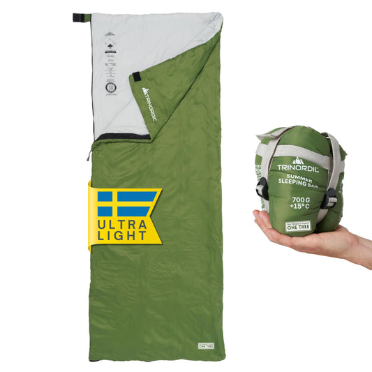Trinordic 700g ultralight sleeping bag - with anti-snag zipper - compact summer sleeping bag for adults - ideal for outdoor hiking, backpacking, bikepacking, and traveling.