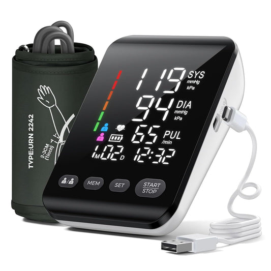Aidisy Blood Pressure Monitor, Upper Arm Blood Pressure Monitor with High-Resolution LED Display, for Upper Arm Circumferences of 22-42 CM, Memory for Two Users 2 x 199, AA Battery/Type-C Charging Cable