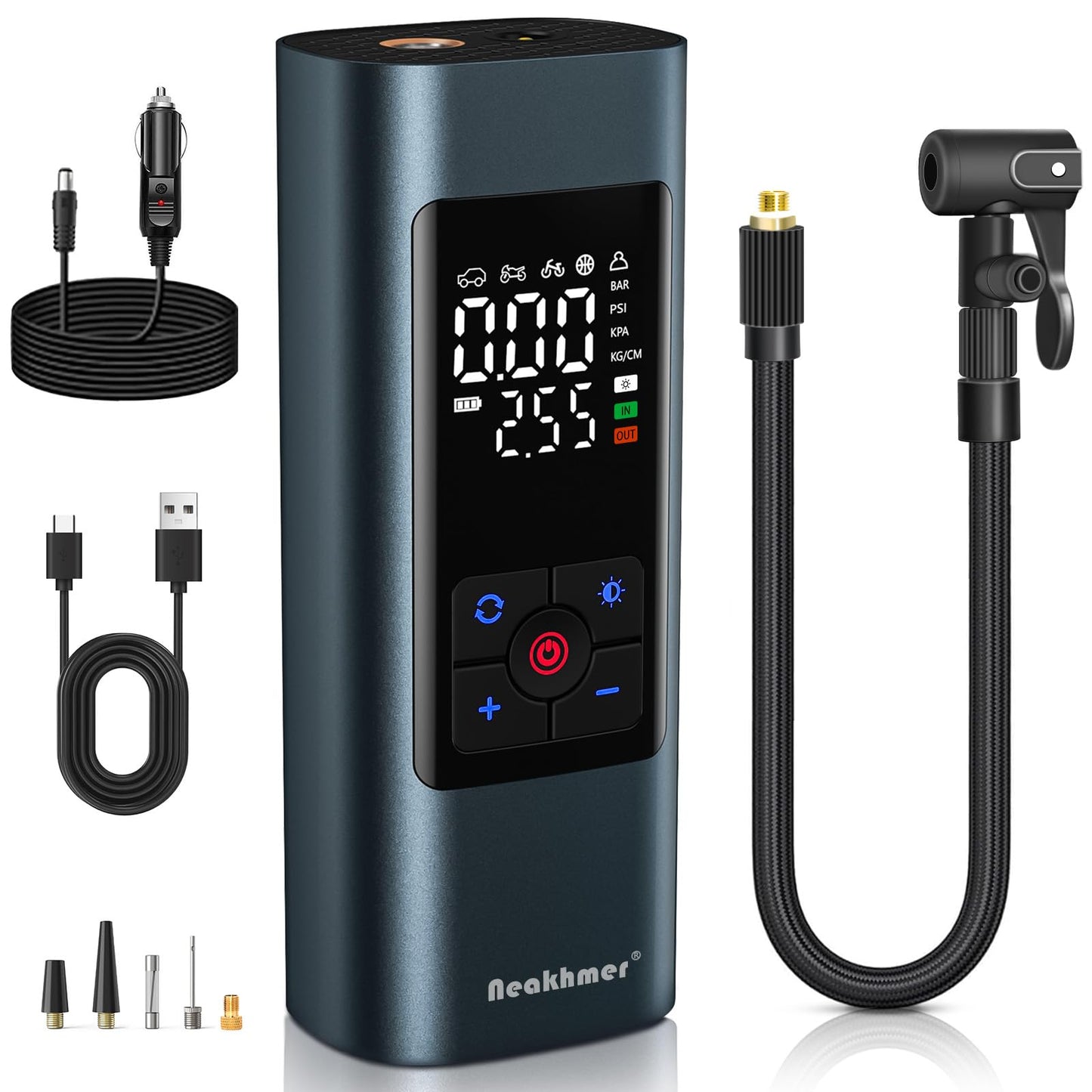 Neakhmer Mini Compressor Battery Air Pump: 150PSI electric air pump with deflate function - Portable pump for car motorcycle bicycle