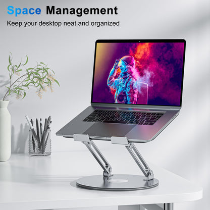 Height-adjustable, foldable laptop stand with ergonomic ventilation and 360° rotating base. Compatible with notebooks, MacBook Air/Pro, Dell, HP, and laptops ranging from 11-16".