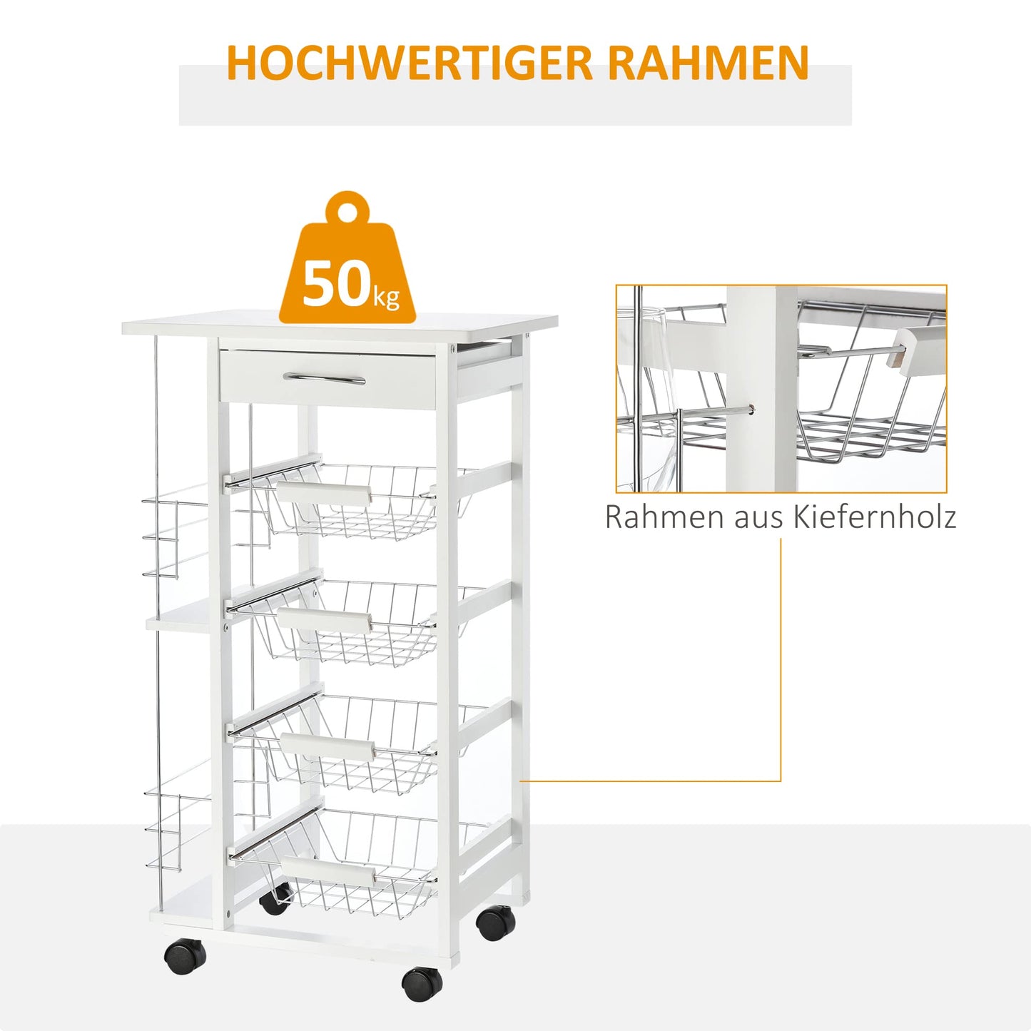 HOMCOM kitchen cart, 5-tier serving cart with countertop, rolling cart, kitchen shelf with wheels, drawer, and metal baskets, pine wood white 47 x 37 x 83 cm