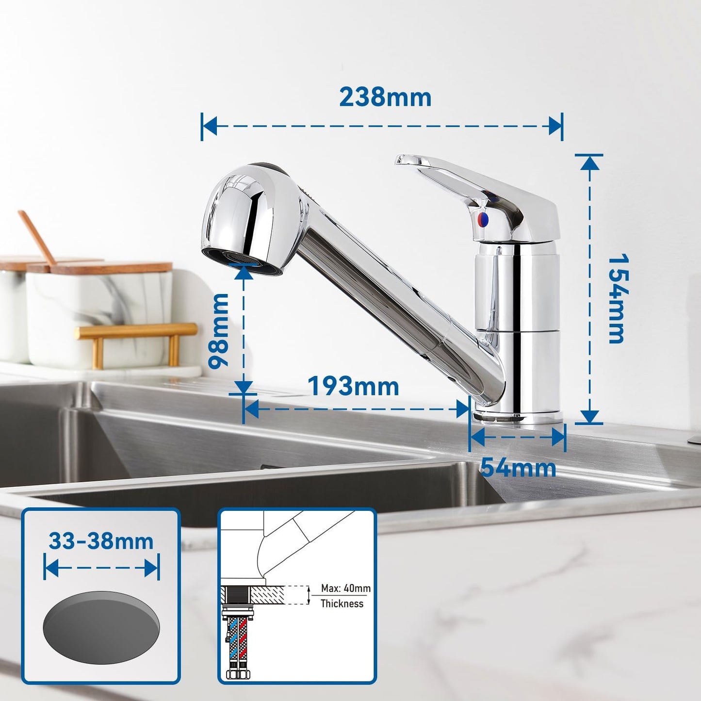 Auralum low pressure kitchen faucet, pull-out kitchen faucet, kitchen faucet low pressure with dual water jet modes, 360° rotatable kitchen mixer tap, faucet with 3 connections for boiler.