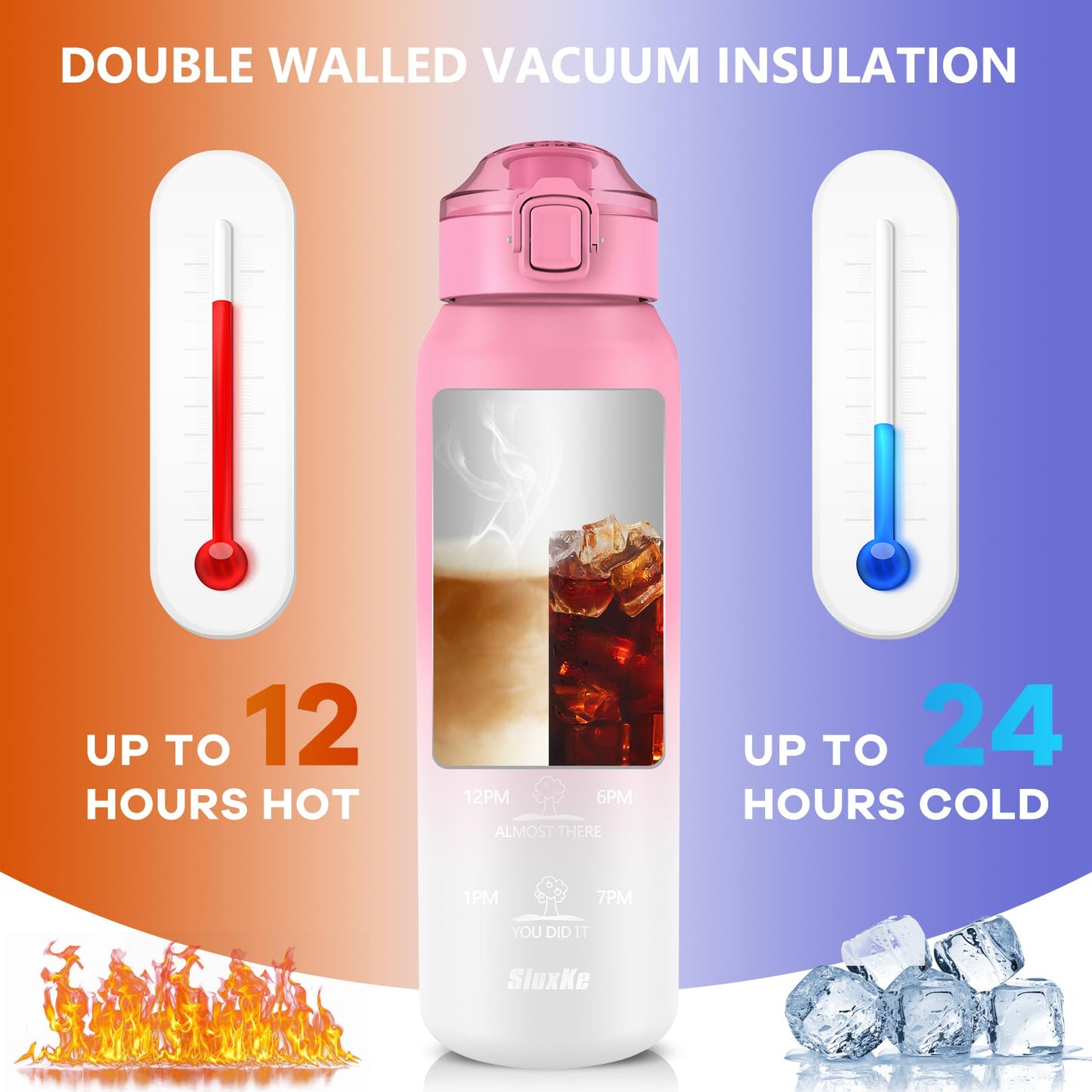 SLUXKE Stainless Steel Sports Water Bottle with Straw 700ml, [18/10 Stainless Steel] Bottle with 2 Lids, Leakproof Double Wall for Outdoor, Work, Kids (Pink White)