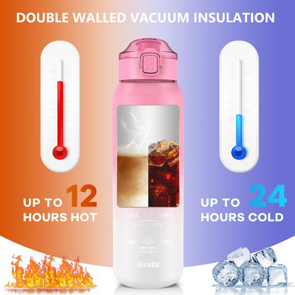 SLUXKE Stainless Steel Sports Water Bottle with Straw 700ml, [18/10 Stainless Steel] Bottle with 2 Lids, Leakproof Double Wall for Outdoor, Work, Kids (Pink White)