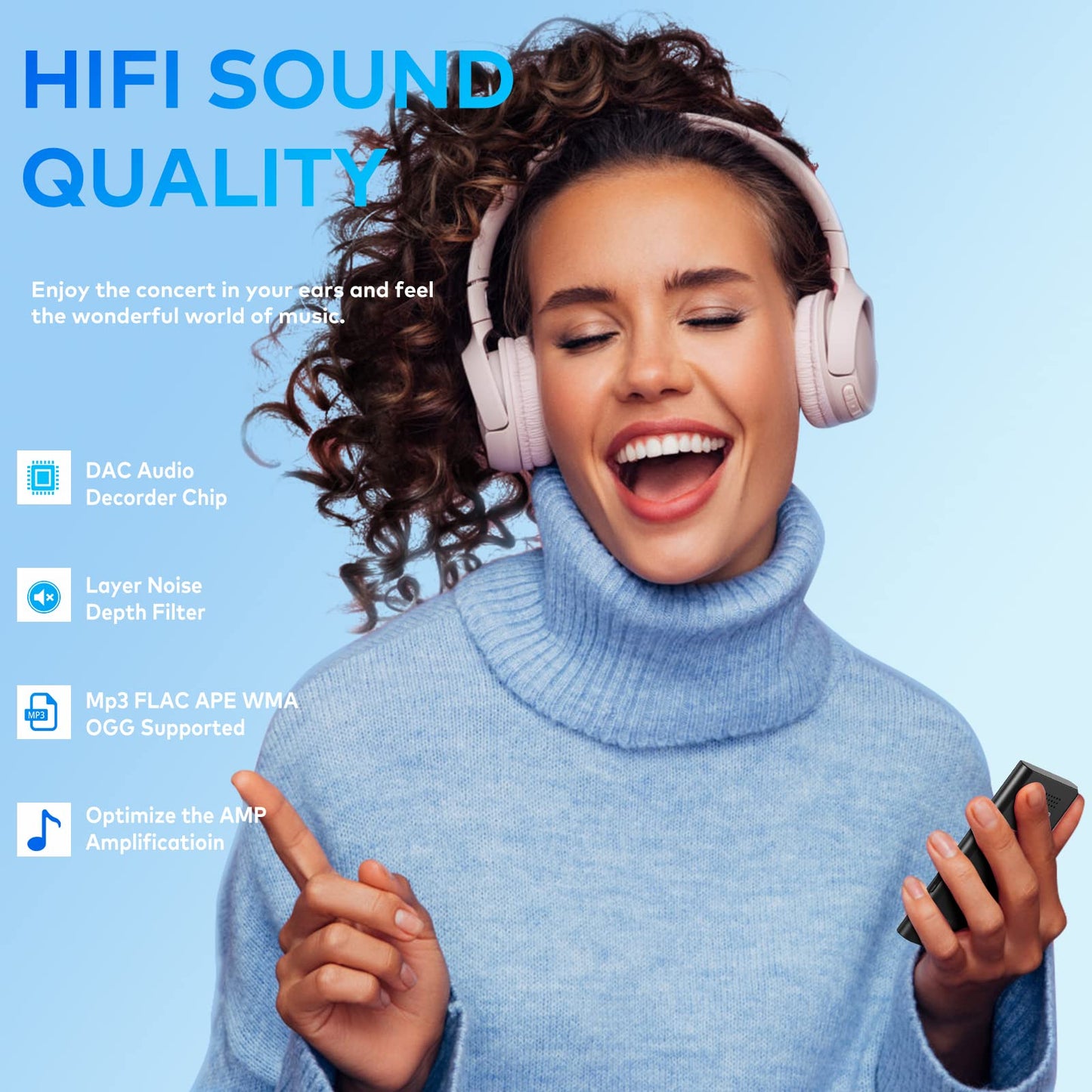 64GB MP3 player, ZOOAOXO with Bluetooth 5.2, built-in HD speaker, FM radio, voice recorder, mini design, 70g weight, HiFi sound, perfect for sports, headphones included.