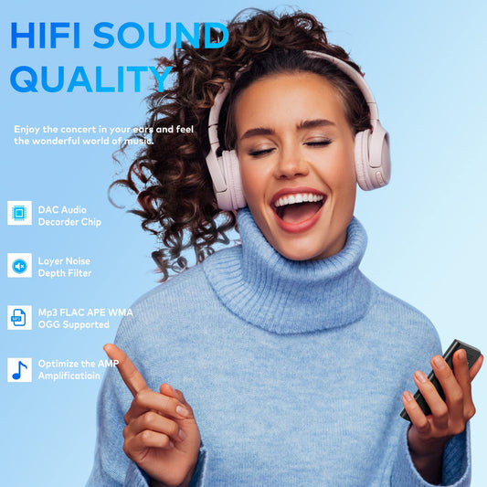 64GB MP3 player, ZOOAOXO with Bluetooth 5.2, built-in HD speaker, FM radio, voice recorder, mini design, 70g weight, HiFi sound, perfect for sports, headphones included.