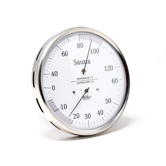 Fischer 194.01 - Sauna Thermohygrometer - 130mm hair hygrometer and bimetal thermometer made of stainless steel. Made in Germany.