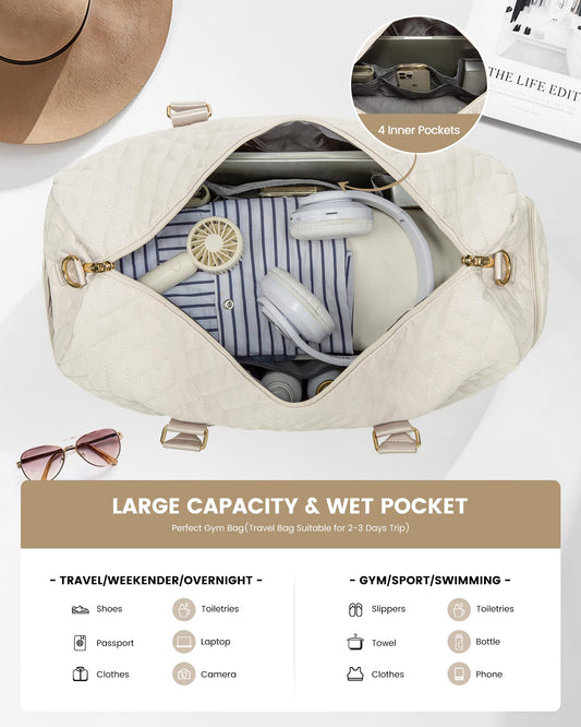 LOVEVOOK Travel Bag for Women, Weekender Sport Bag with Hospital Bag for Birth, Toiletry Bag, Shoe Compartment & Wet Pocket, Waterproof Gym Bag, Carry-on Bag for Airplane Travel, Beige