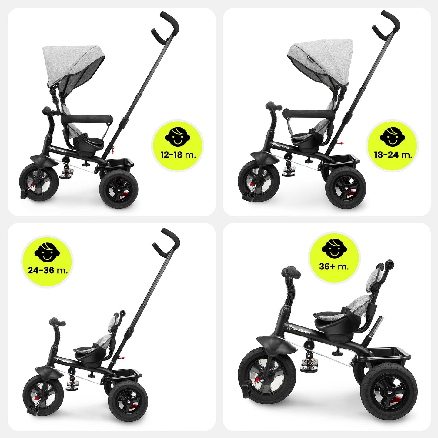 HyperMotion tricycle from 1 year with push bar - 3-in-1 children's vehicle for 1-4 years, up to 20 kg - with height-adjustable parent handle and push handlebar, Grey