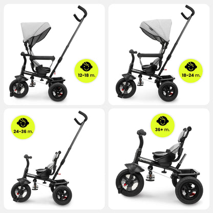 HyperMotion tricycle from 1 year with push bar - 3-in-1 children's vehicle for 1-4 years, up to 20 kg - with height-adjustable parent handle and push handlebar, Grey