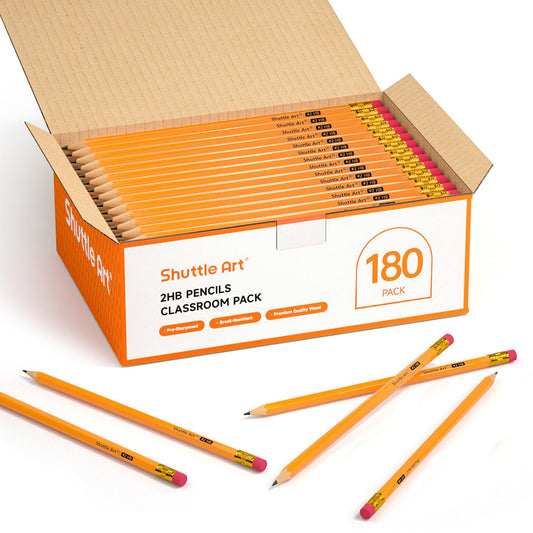 Shuttle Art HB Pencils, 180 pre-sharpened yellow pencils with eraser, graphite pencils in bulk packaging, pencil set for kids and adults for writing, drawing, and sketching.