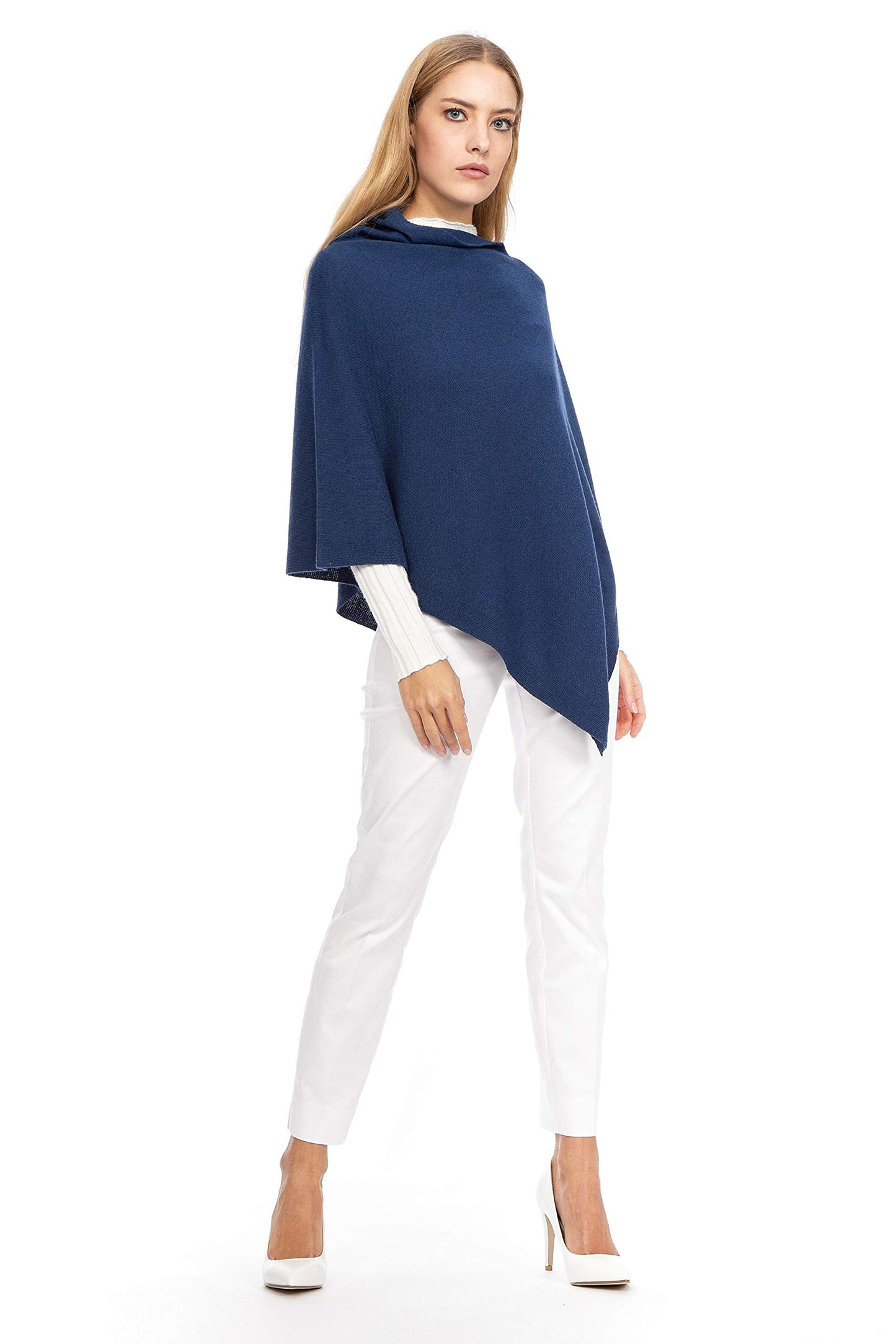 Navy Cashmere - Women's cashmere blend poncho, delicate and soft, made from cashmere (Navy Blue)