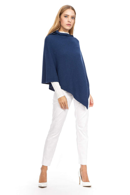 Navy Cashmere - Women's cashmere blend poncho, delicate and soft, made from cashmere (Navy Blue)