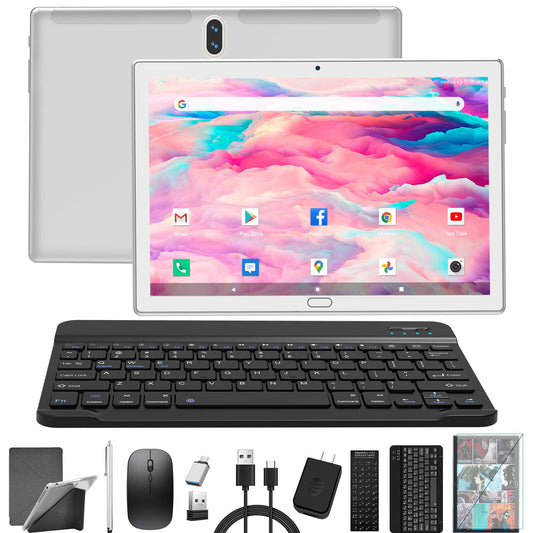 2025 Latest Tablet 10 Inch, 4G LTE Tablets With 2 SIM 1 SD, 3-in-1 Android Tablet With Keyboard Mouse Pen-64GB ROM 512GB TF |Octa-Core |1080P FHD |13MP |6000mAh |Bluetooth |WiFi GPS Type C-Silver