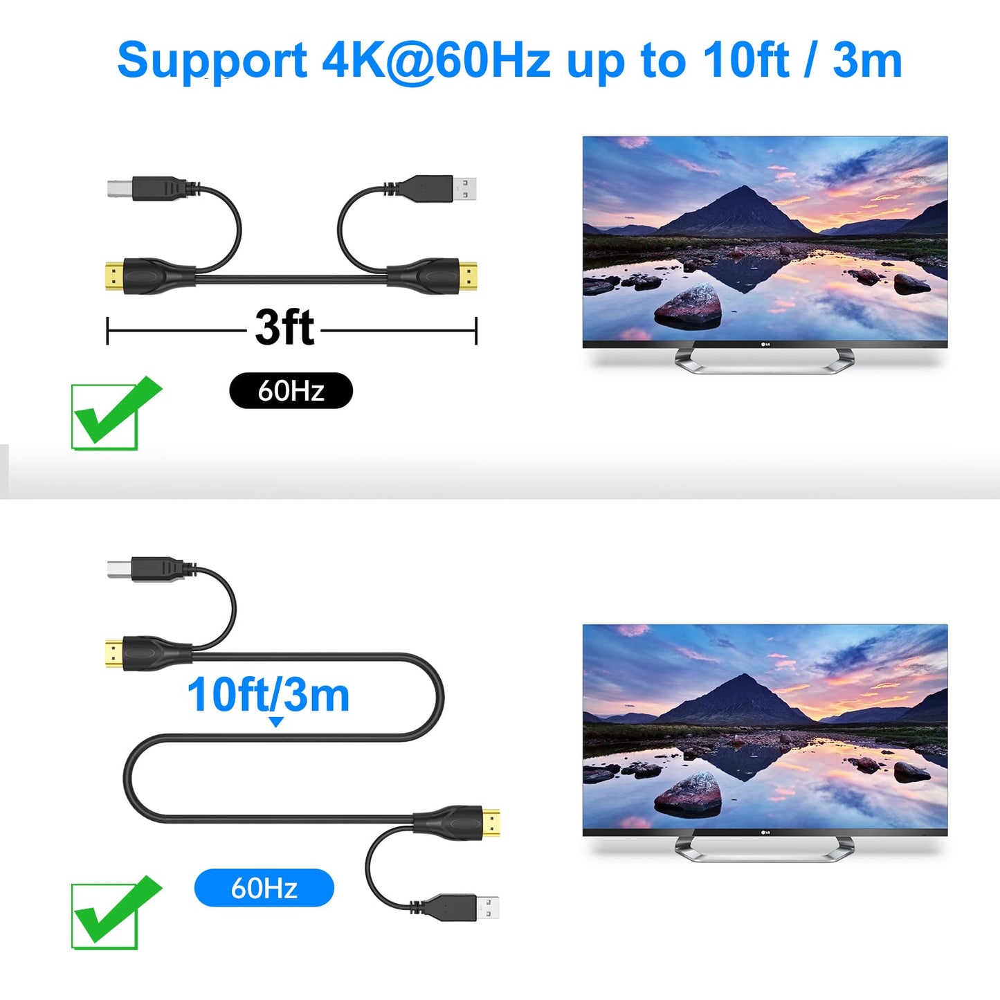 4K 60Hz HDMI KVM Switch 2 Port, Yinker HDMI KVM Switch 2 PC supports 2 computers with 1 monitor, keyboard, mouse, and 5V charging port. Includes 2xUSB A and USB B cables, and 4 USB ports.