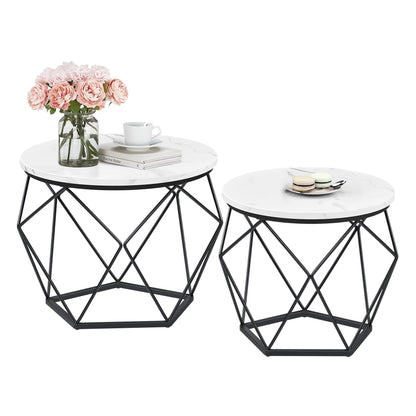 VASAGLE Round Coffee Table, Set of 2, Living Room Table, Side Table, modern design, removable tabletop, for living room, marble white-ink black LET040B59