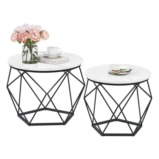 VASAGLE Round Coffee Table, Set of 2, Living Room Table, Side Table, modern design, removable tabletop, for living room, marble white-ink black LET040B59
