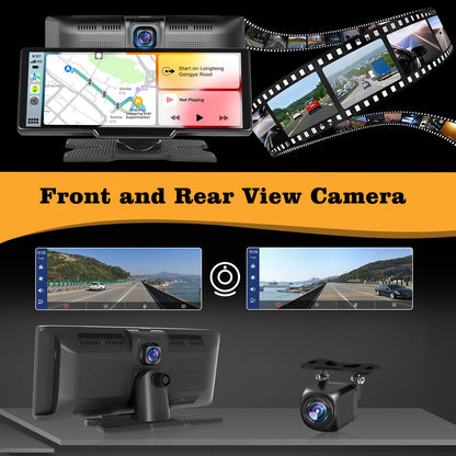 Wireless Carplay Android Auto display with 2.5K front dashcam, 1080P rear camera, 9.3-inch Carplay display with Bluetooth, Mirror Link, FM transmitter, AUX cable, 64GB TF card.