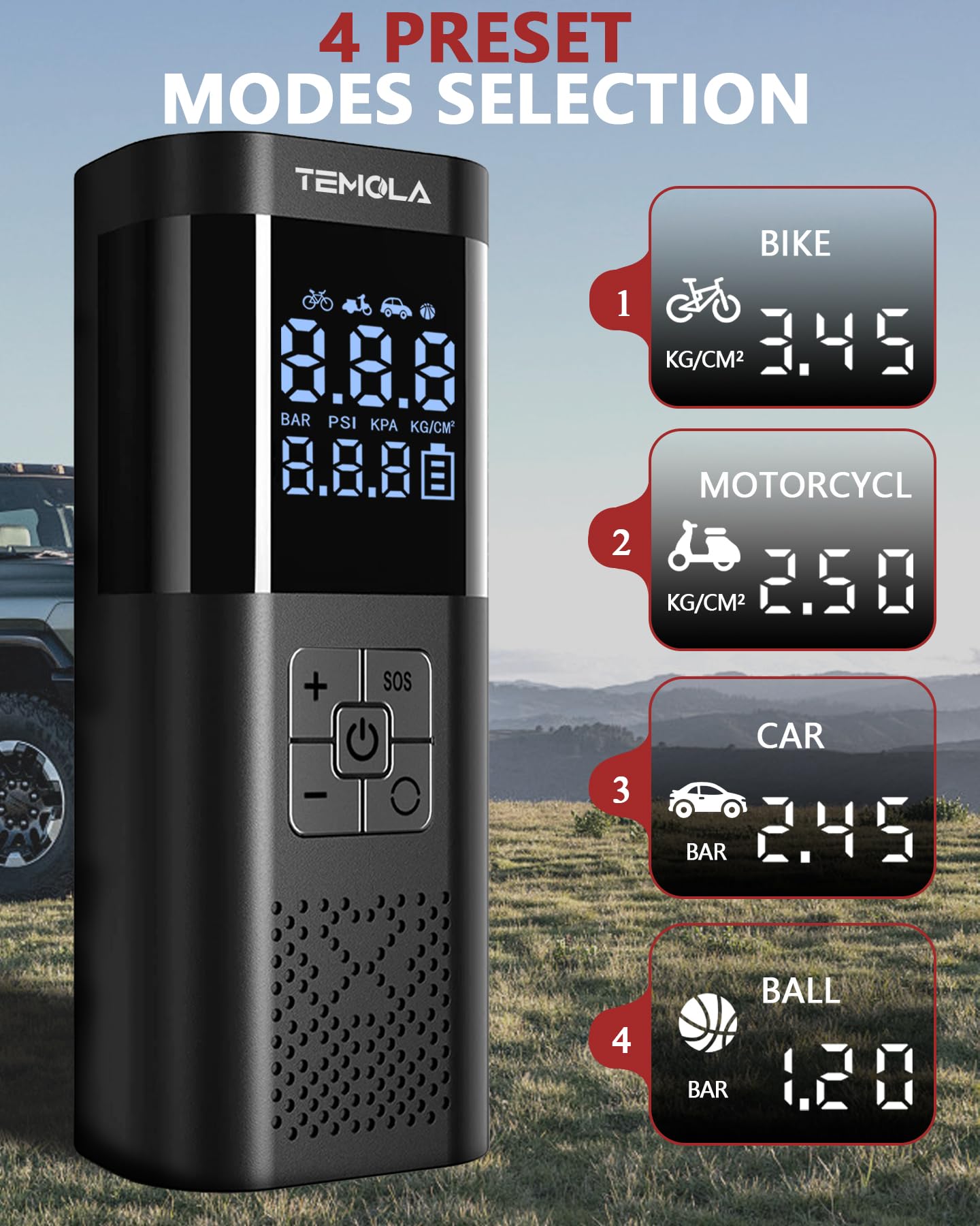 TEMOLA TN10 Electric air pump, Portable battery compressor with pressure gauge 150PSI, Electric air pump DC12V, Bike pump electric with auto-stop for cars, bikes, motorcycles, & balls.