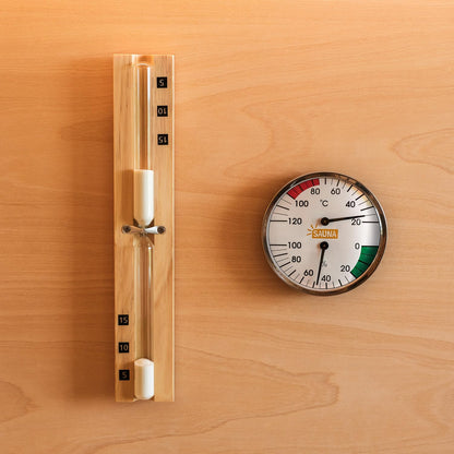 SUNNYDEALS classic sauna accessory set | 5-piece sauna set made of natural wood | sauna bucket & plastic insert 4l | sauna ladle | thermometer | hourglass | 2X sauna headrest