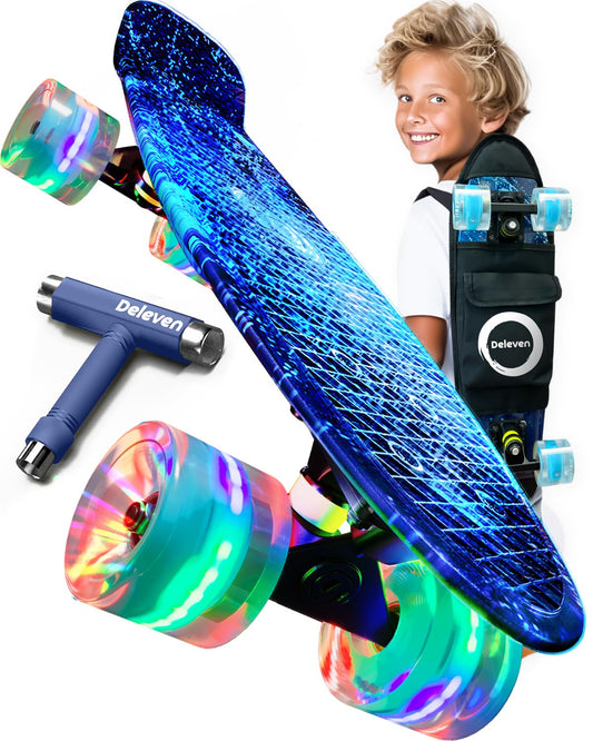 Deleven skateboard with carrying bag, LED wheels, skate tool, and ABEC 7 bearings - for kids, adults, and beginners - 56 cm