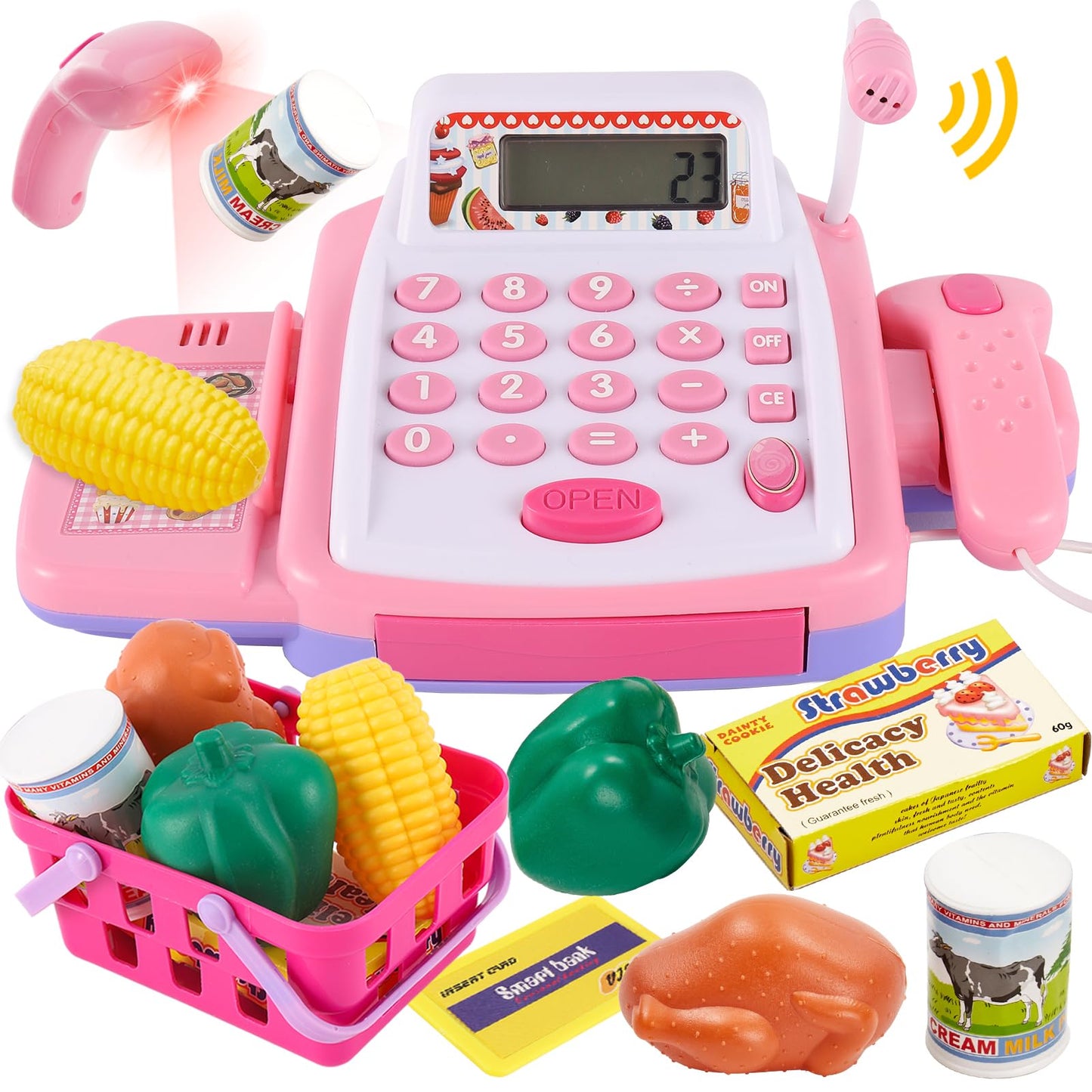 Toy cash register for children with scanner and sound, toy shop accessories, toy cash register, toy supermarket role-play gift for girls and boys aged 3 and up