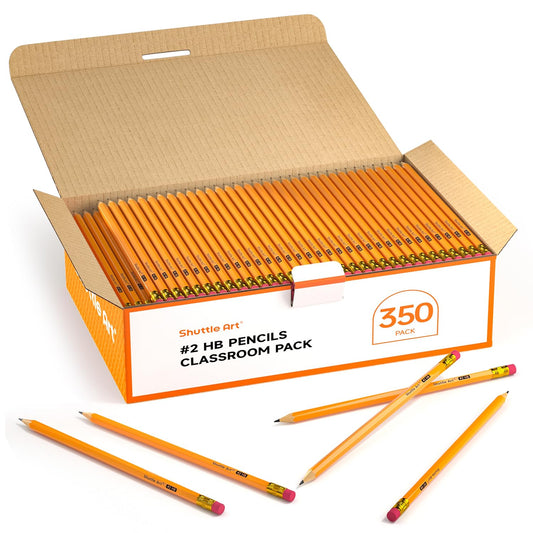 Shuttle Art HB pencils, 350 sharpened yellow pencils with eraser, graphite pencils in bulk packaging, classroom supplies for writing, drawing, and sketching.