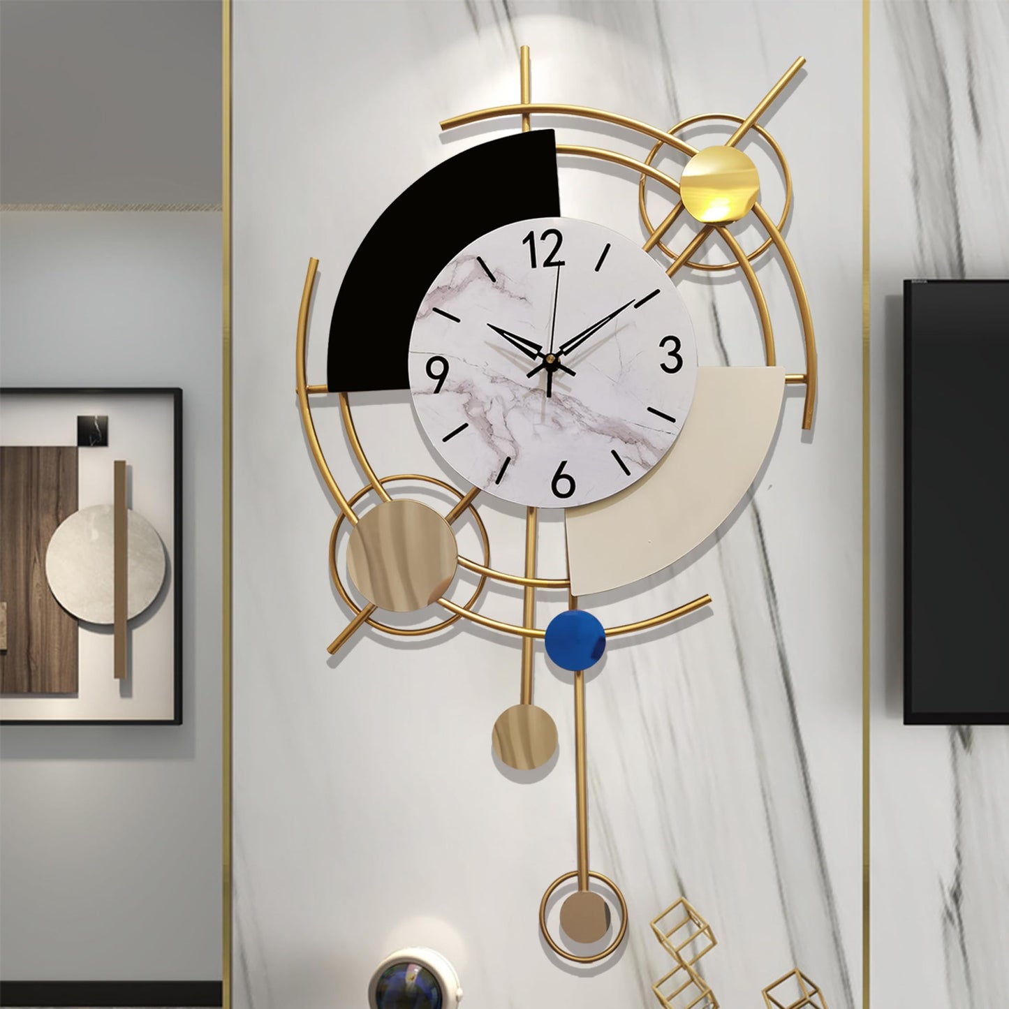 GERHWASH Large Wall Clock 70x42cm Silent - Modern design with Roman numerals, Black-Gold - Premium decoration for living room, bedroom & dining room wall clock