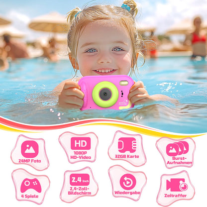 ULEWAY kids camera, 1080P underwater camera for kids, underwater digital camera with 2.4" screen, 32GB SD card, video camera toy gift for kids aged 3-12 years.