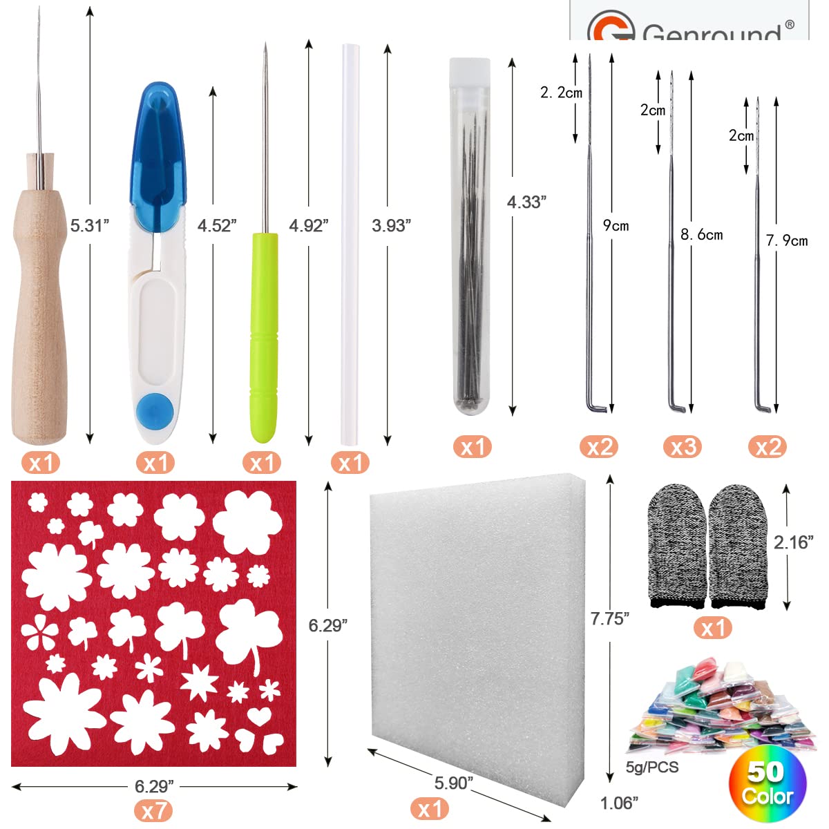 Genround Felt Needle Starter Kit, Felt Set, 50 Colors, Felt Tools with Instructions, Beginner Felt Set