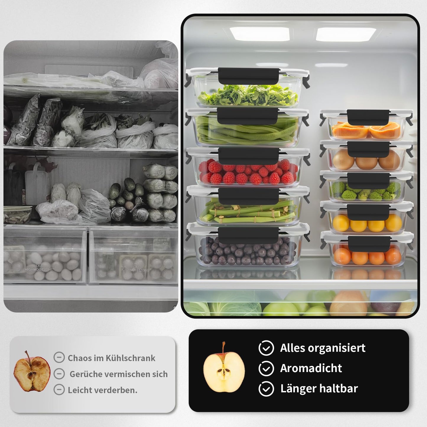 Glass containers with lids, storage container set, 20 pieces (10 containers, 10 lids), dishwasher safe, microwave & freezer safe, leak-proof, modern, food storage containers, fresh-keeping containers.