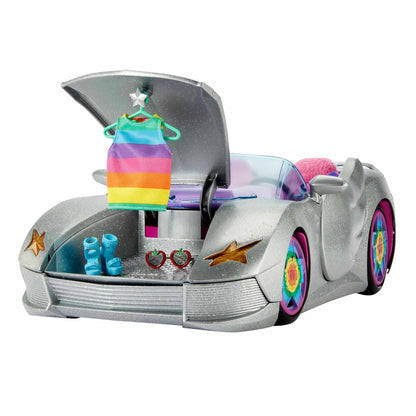 Barbie Extra Convertible Car in silver with moving wheels, includes accessories like clothing and pet, suitable for ages 3 and up. HDJ47.