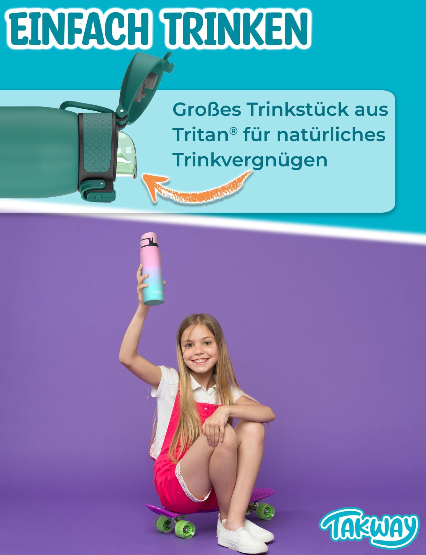 TAKWAY kids' leak-proof water bottle with fruit infuser 600 ml - Tritan, BPA-free - suitable for carbonated drinks - bottle for school, sports (Pink - Turquoise)