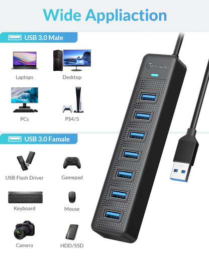 PHIXERO 7 Port USB Hub, 100CM Long Cable USB 3.0 Hub USB Distributor Adapter, Super Speed 5Gbps Data Hub, Compatible with All USB Port Devices