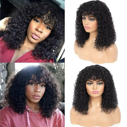 Real hair wig with bangs Short curly bob wig Real hair Jerry curl bob wig for black women 150% density Non lace front Glueless wig 10 inches (25 cm)