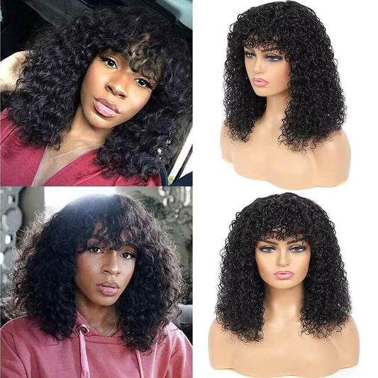 Real hair wig with bangs Short curly bob wig Real hair Jerry curl bob wig for black women 150% density Non lace front Glueless wig 10 inches (25 cm)