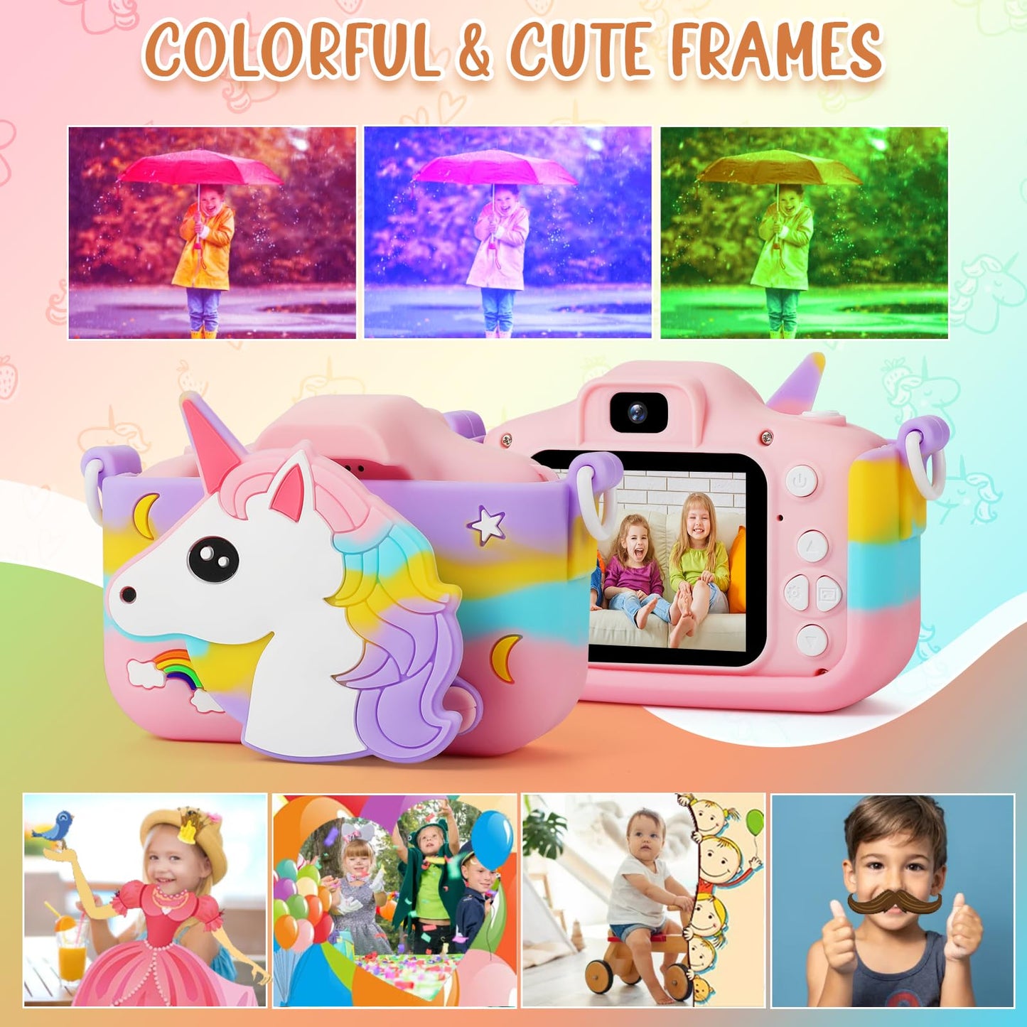 Kids Camera - Girls Gifts/1080P Kids Digital Camera+32GB TF Card, Anti-Drop Camera Case/HD Video/38 Picture Frames and Filters/8x Zoom/5 Learning Games, Gifts for Boys Girls 3-9 Years