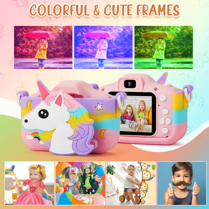 Kids Camera - Girls Gifts/1080P Kids Digital Camera+32GB TF Card, Anti-Drop Camera Case/HD Video/38 Picture Frames and Filters/8x Zoom/5 Learning Games, Gifts for Boys Girls 3-9 Years