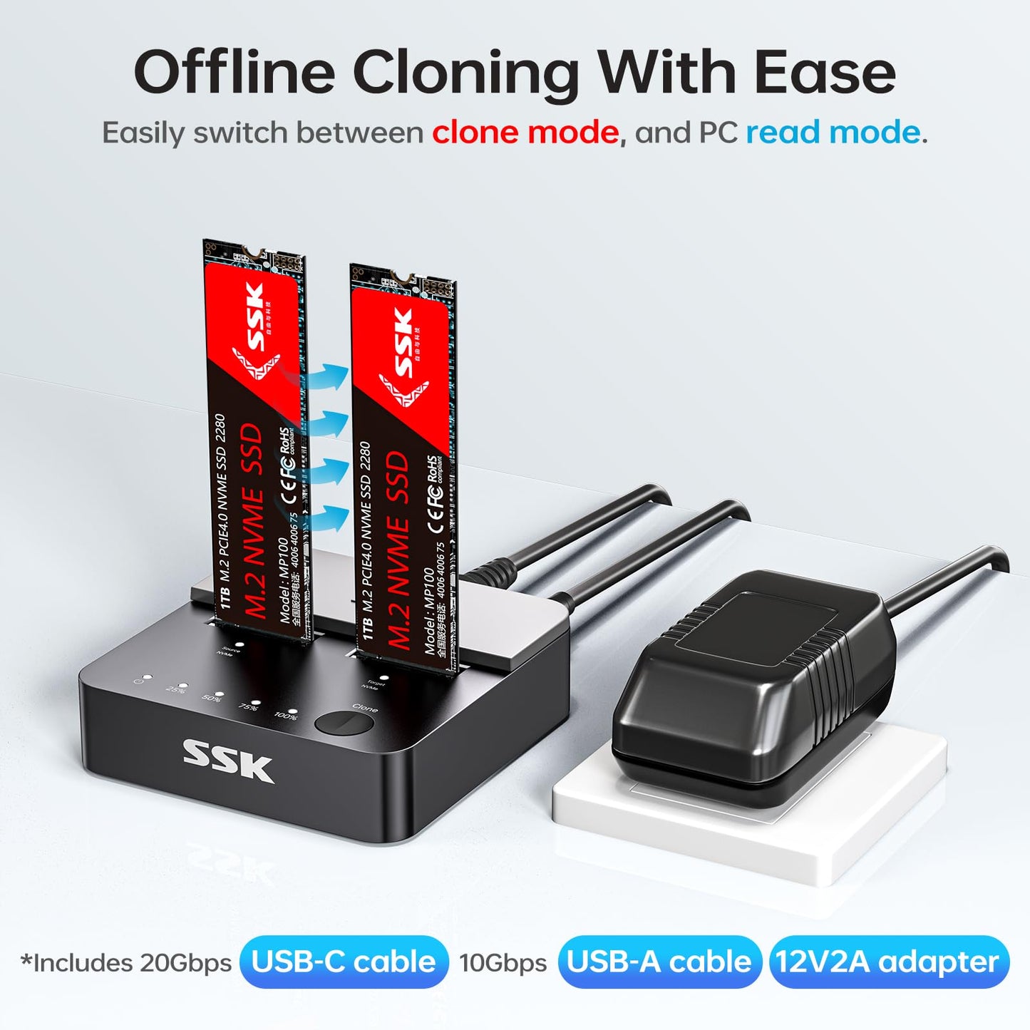 SSK Hard Drive Docking Station, 20Gbps Dual Bay NVMe M.2 SSD Enclosure, Tool-Free Docking Stations for Hard Drive Adapter USB 3.2 Gen 2X2 Clone NVMe Enclosure for M Key PCIE NVMe SSD Case