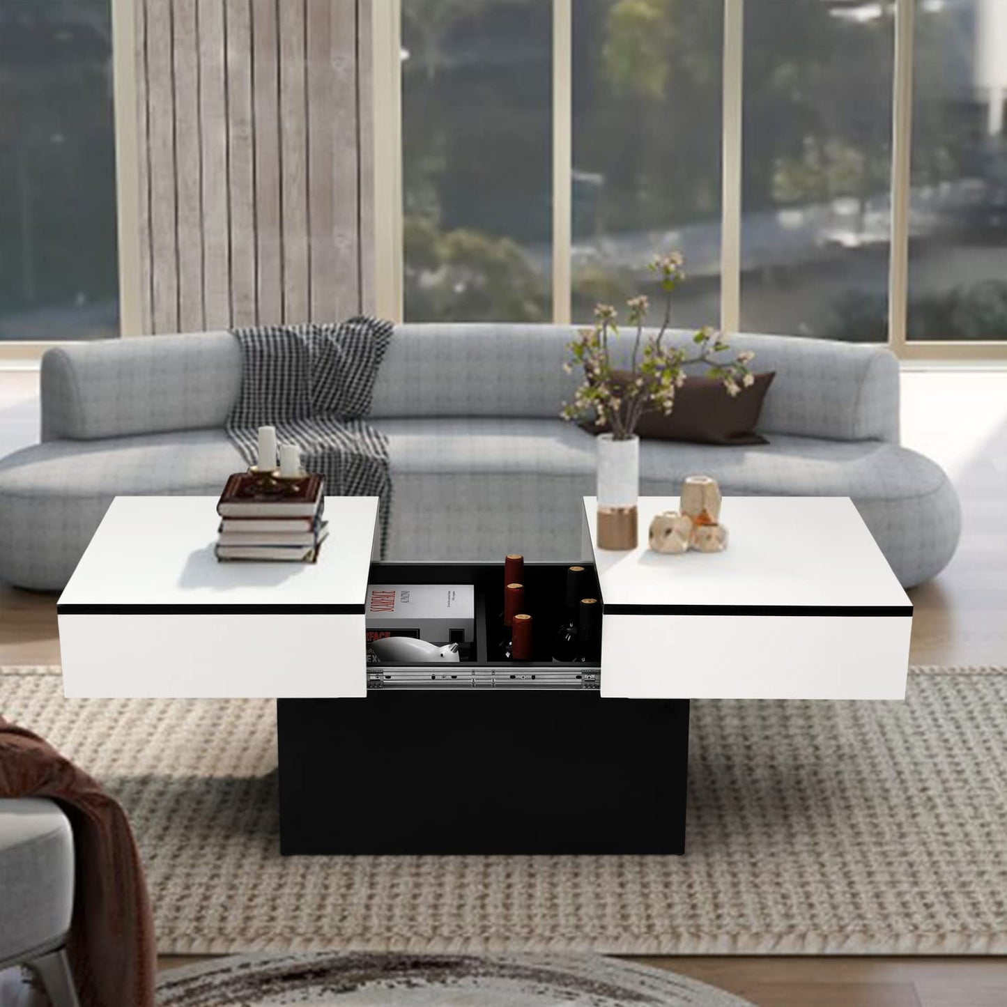 VOWNER Coffee Table, Modern Coffee Table, Extendable Desk, Living Room Table with 2 Storage Spaces, High Gloss Finish, Living Room Table 129 x 58 x 40 cm (White)