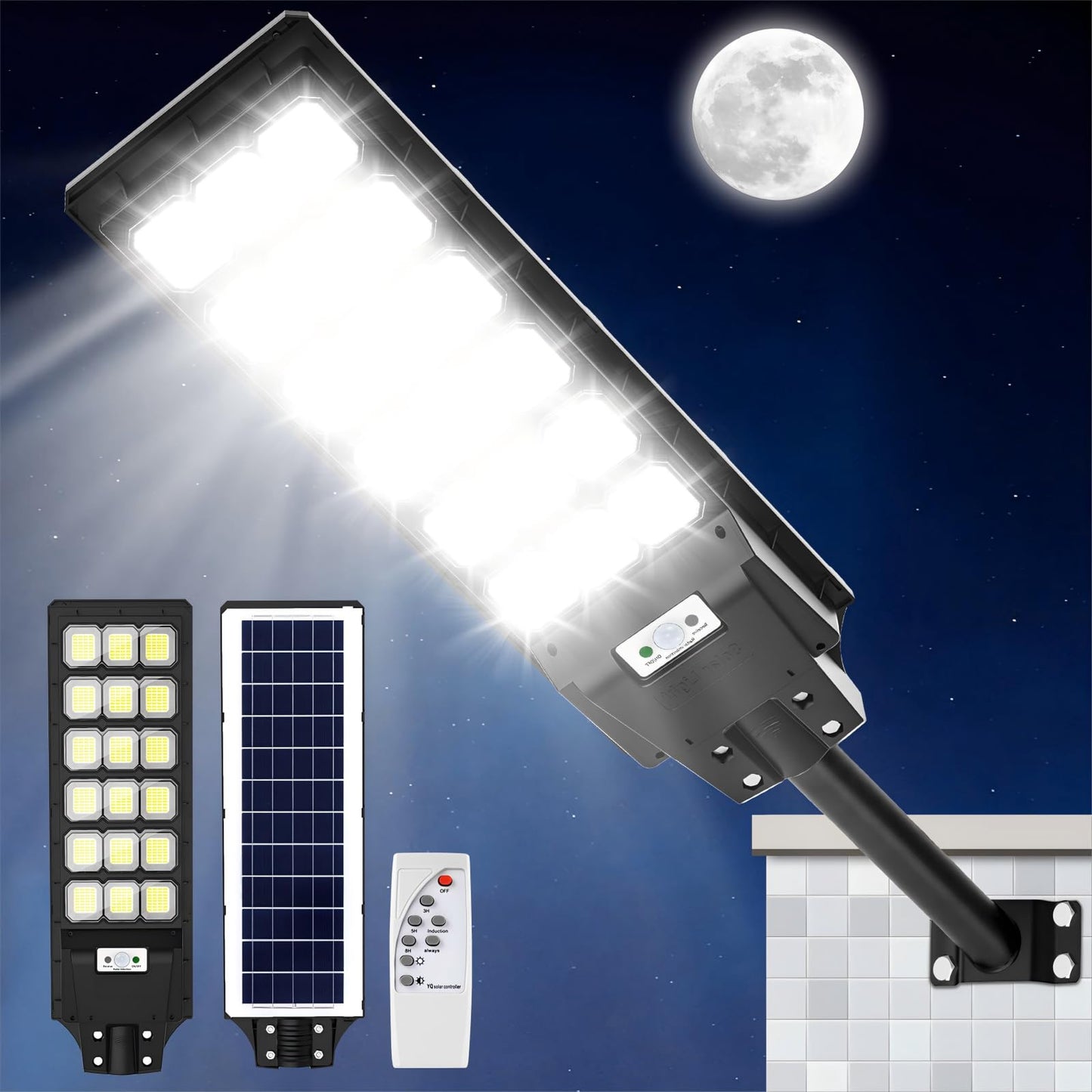 Viugreum 600W Solar Street Light with Motion Sensor, 6500K LED Solar Lantern with Remote Control IP65 Waterproof Street Lamp Outdoor Street Light suitable for streets, courtyards, gardens.