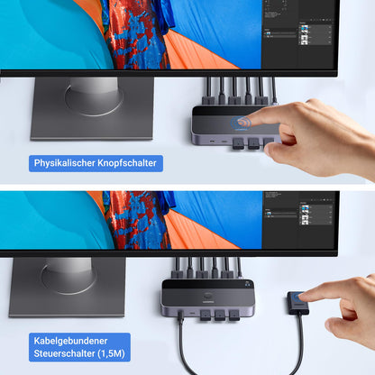 UGREEN HDMI 2.0 KVM Switch 4K@60Hz USB 3.0 Switch 4 Ports (3*USB 3.0+ USB C) allowing you to share 1 monitor, keyboard, mouse, printer, and U disk between 2 PCs with 2 USB cables and 2 HDMI cables.