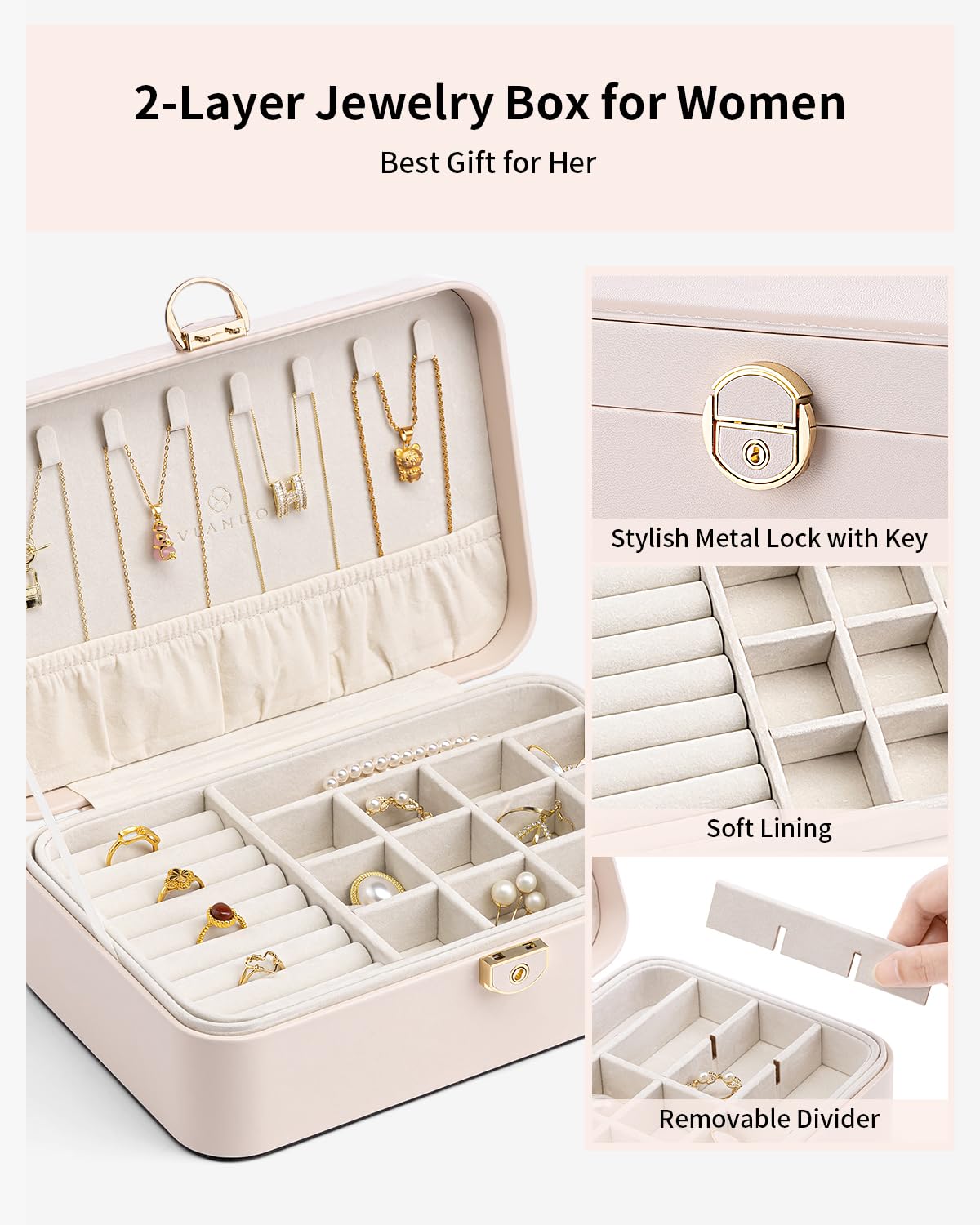 Vlando Jewelry Box for Girls Women, Double-Layer Jewelry Case, Lockable Jewelry Chest, Jewelry Storage Box for Rings Earrings Bracelets Necklaces, Jewelry Organizer.