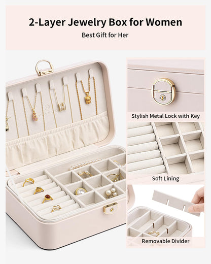 Vlando Jewelry Box for Girls Women, Double-Layer Jewelry Case, Lockable Jewelry Chest, Jewelry Storage Box for Rings Earrings Bracelets Necklaces, Jewelry Organizer.