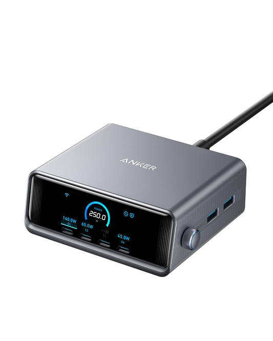 Anker Prime 250W USB-C Charger, Ultra-fast 6-Port GaN Charging Station, 2.26" LCD Display and Smart Control Dial, compatible with MacBook Pro/Air, iPhone 17/16/15, Pixel, Galaxy, Apple Watch & more